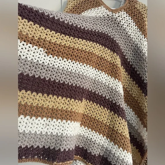 Hand Crochet Striped Cottagecore Boho Folk Hooded Poncho - Picture 9 of 9